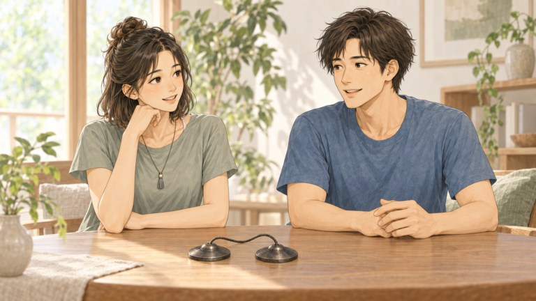 ティンシャを置いたテーブルで話す音羽ゆらと風間なおのイラスト